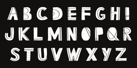 set of Playful letters. hand drawn Typography. Font For Kids And Games. Vector alphabet letters set, white script. Perfect for happy birthday design in childish style, for school
