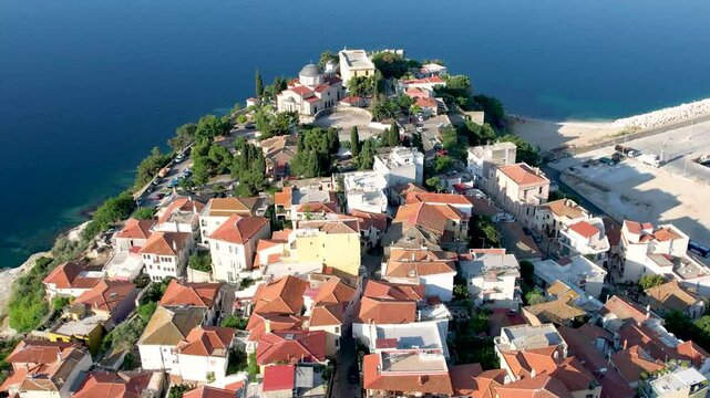 Kavala Panagia Greece old City View Aerial Reveal Shot of Aegean Sea, from Old Town Center