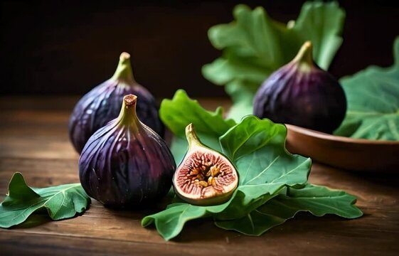 Freshly washed fig leaves and fruit
