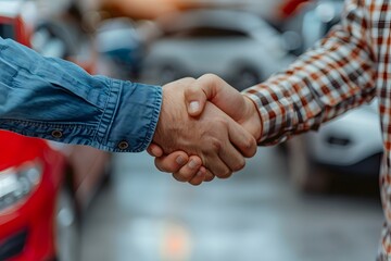 Pair shaking hands by red car