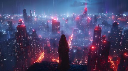 Fototapeta premium Vibrant Cityscape of Skyscrapers and Glowing Lights at Night in the Financial District