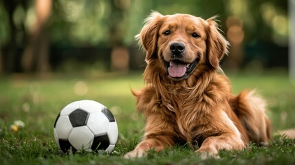 Fototapeta premium Canine soccer player. Outside, a golden retriever playing goalie sits next to a soccer ball.