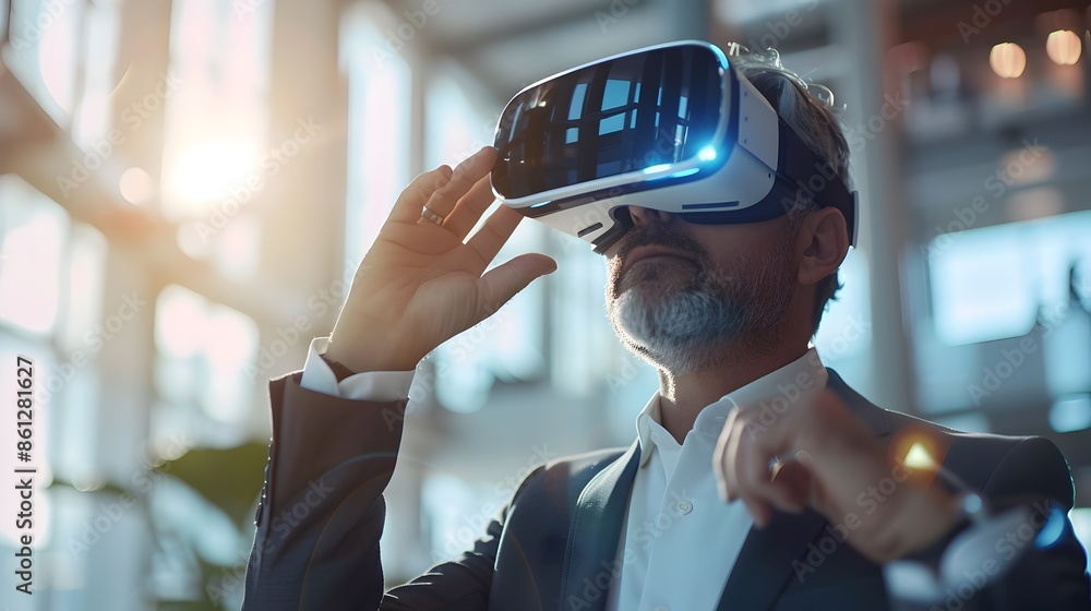 Poster business leader presenting future projects using virtual reality in high tech environment