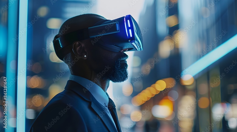Poster business leader utilizing virtual reality for future project presentation in high tech office enviro