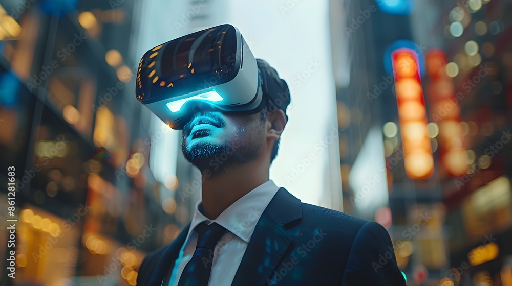 Poster business leader using virtual reality to present future projects in high tech environment