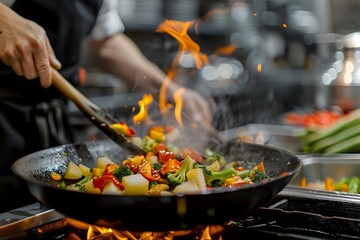 Person stir-frying veggies in wok over flame on stove