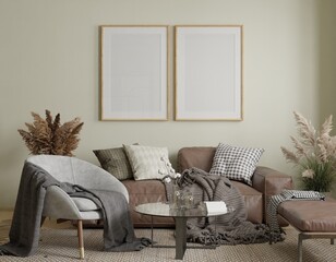 Mockup poster wood two frame in empty picture living room, scandinavian style, element interior vertical, on the wall. in illustration 3d render.