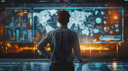 Business Leader Analyzing Market Trends on Large Touchscreen in Futuristic Office