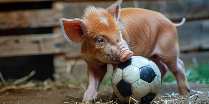 Playing with a black-and-white soccer ball is a red piglet.