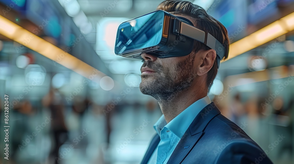 Poster business leader using augmented reality for visualizing future projects in cutting edge environment