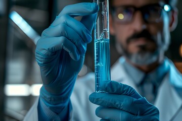 Scientist in lab coat with blue liquid in glass tube