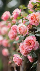 A pink rose bush in full bloom grows along a wooden fence in a residential backyard