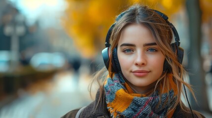 Modern woman listening to music with headphones