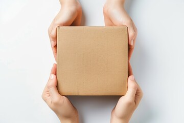Square cardboard box in female hands. Top view, white background