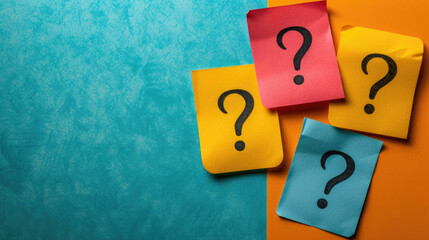 Colorful Sticky Notes with Question Marks on Vibrant Background, Background - Empty Copy Space for Text. Educational Creative Thinking, Brainstorming, Quiz Concept with Color Paper Questions Stickers