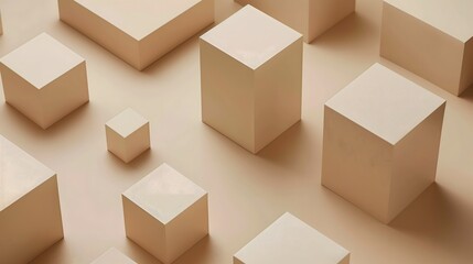 3. Craft a minimalist grid of interconnected beige cubes and cylinders, meticulously arranged on a beige surface to convey sophistication in product presentations. Clipping path of each element
