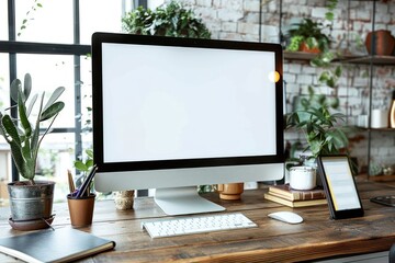 Fototapeta premium Modern personal computer with blank white screen, keyboard, mobile phone and office accessories on desk at workplace of graphic designer, blogger. Electronic devices, technology and creativity