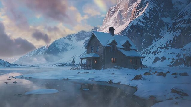 Amidst a snowy valley bordered by towering mountains, a small wooden cabin stands.