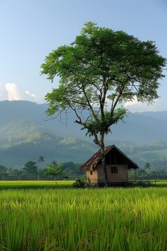 tree in the field, farm house and rice field look imaging. or gubug tempat istirahat petani di tengah sawah yang hijau