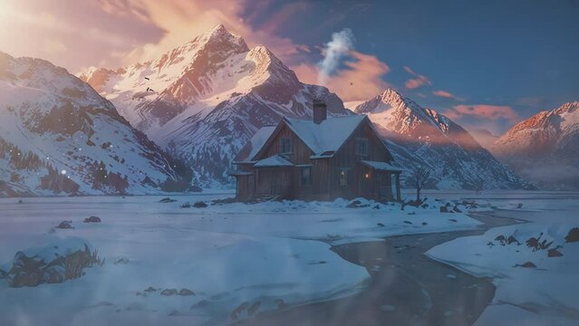 A modest wooden cabin rests in a snow-filled valley between high, rugged mountains.