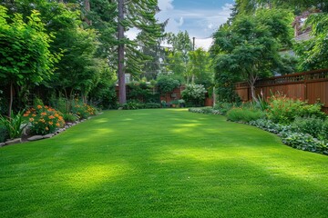 Fototapeta premium Green large fenced backyard with trees.