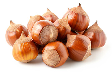 Close-up of shelled and unshelled Beechnut nuts isolated on a white background, showcasing their texture