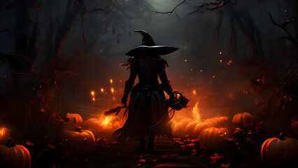 Whimsical Witches: A Midnight Flight with Pumpkins, Spells, and Enchanted Moonlit Nights halloween witch with pumpkin and witch