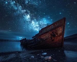 Keuken achterwand Schipbreuk Old ship wreck at night with stars, Iceland  © Tisha