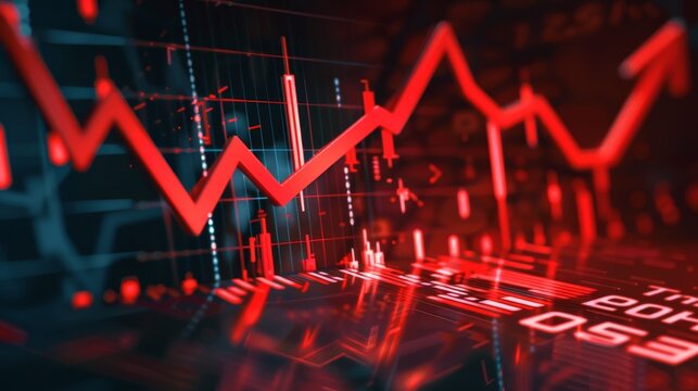 Financial arrow trending downwards, with visuals of a deteriorating economy, including falling graphs and negative percentages