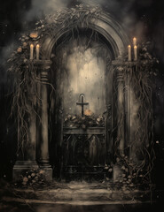Scary gothic doors. Dark halloween night scene. Generative AI.
