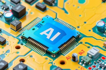 AI circuit board with glowing elements and advanced technology, representing artificial intelligence and innovation, high tech illustration