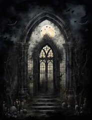 Obraz premium Scary gothic doors. Dark halloween night scene. Generative AI.