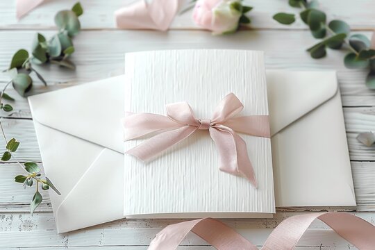 Feminine wedding, birthday desktop mock-up. Invitation card mockup, template Blank greeting cards, rspv card, 5x7, square card, envelope. Silk ribbons, pink, greenery. White wooden background. Flat