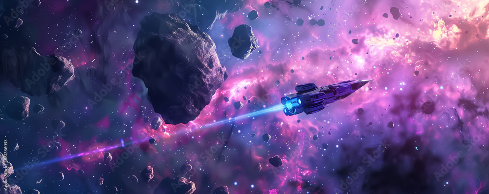 Poster spaceship navigating through an asteroid field, with colorful nebulae in the background