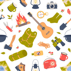 Camping equipment seamless pattern. Cartoon repeated hiking elements, tourism accessories, outdoor recreation items, decor textile, wrapping paper, print for fabric, vector background