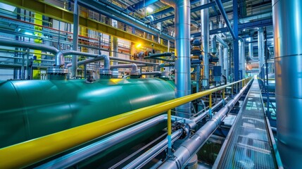 Vivid interior of hydrogen production and processing facility, showcasing advanced technology and industrial operations