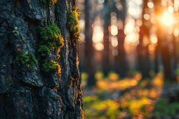 Closeup of the bark of a tree with green moss on it. Worm sunset lights. Copy space