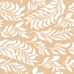 Seamless floral pattern,  leaves and branches, beige and white colors