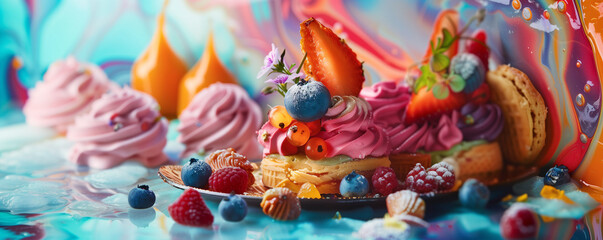 Fototapeta premium Delicious dessert arrangement with intricate pastries and vibrant colors