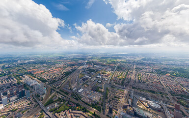 The Hague, Netherlands. Panorama of the summer city in clouds weather. HEAD OVER SHOT. Aerial view