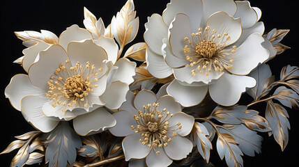 Large white peonies with gold leaves, illustration, volumetric, fresco, building, art, painting, Generative AI
