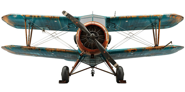 A rustic, old vintage biplane with weathered teal and orange paint, featuring a large propeller and exposed framework.