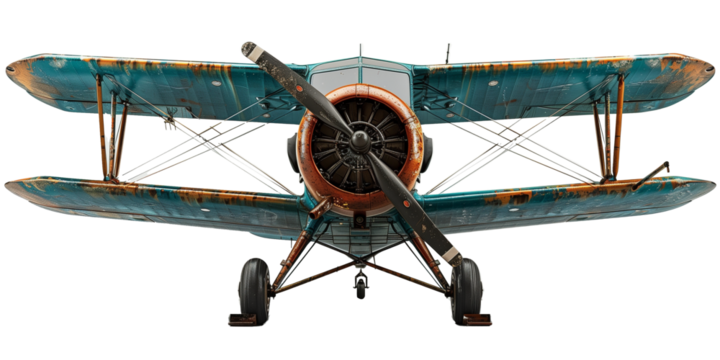 A rustic, old vintage biplane with weathered teal and orange paint, featuring a large propeller and exposed framework.