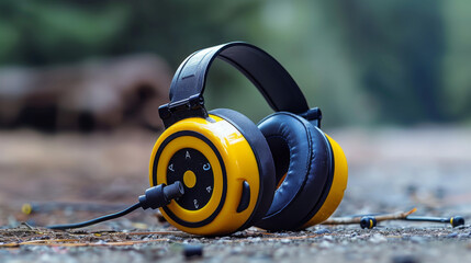 Close-up of stylish yellow headphones placed on a rough outdoor surface, blending technology with natural elements.