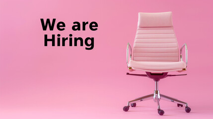 We are hiring with pink office chair isolated on pink background, Recruitment and job announcement concept