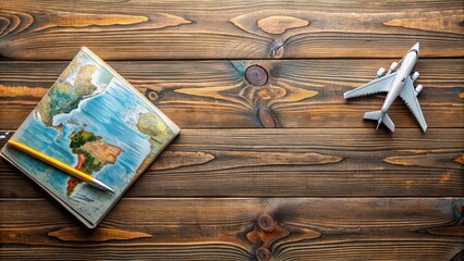 Travel planning concept with wooden background, wanderlust, organizer, travel, planning, adventure, exploration, journey