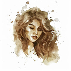 Elegant Watercolor Portrait of a Graceful Young Woman in Sepia Tones