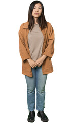 Full-body young Chinese woman sad, serious face, feeling miserable and displeased.