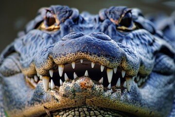 Fototapeta premium A very large and fat alligator reptile face with teeth showing and eyes. Predator and dangerous mood. Florida native wildlife