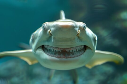 A wide smile from a hammerhead front view with eyes tail and teeth highlighting bizzard and humous anatomy